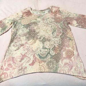 ❄️ Chicos Silver Shimmer Studs Pinks Greens Long Sleeve Handkerchief Hem Tee 2 L
